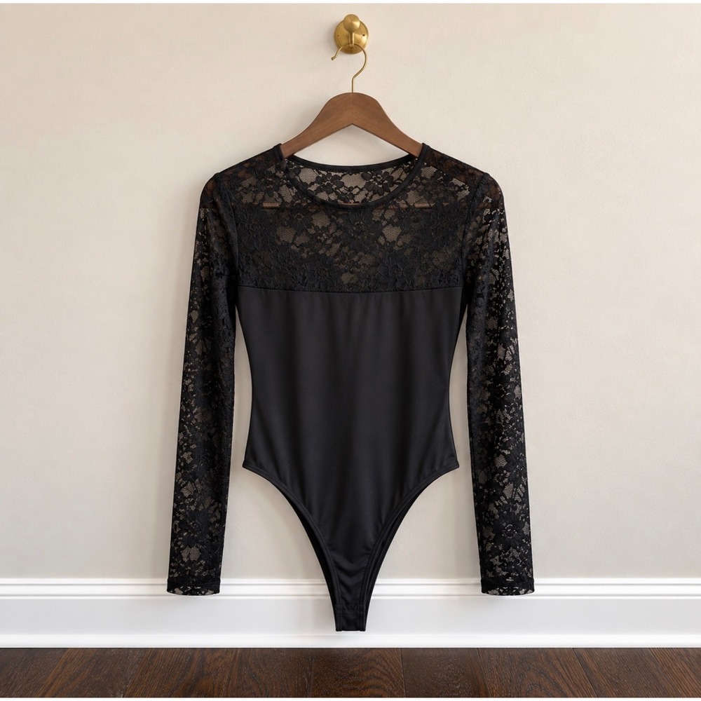 Avidlove Black Floral Lace Long Sleeve Bodysuit Crew Neck Thong Medium